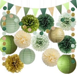Sage Green Party Decorations Paper Lanterns Olive Green and Gold Tissue Paper Pom Poms Circle Dots Triangle Flags Bunting Banner for Wedding Birthday Bridal Shower Baby Shower Party Decor