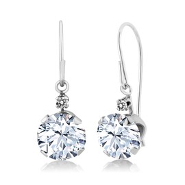 Gem Stone King 14K White Gold White Created Sapphire and White Diamond Leverback Dangle Earrings For Women (2.43 Cttw, Gemstone September Birthstone, Round 6MM)