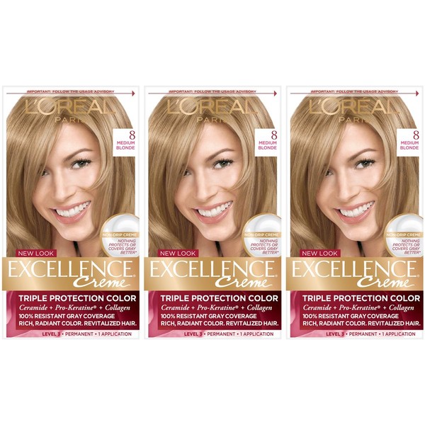 L'Oreal Paris Excellence Creme Permanent Hair Color, 8 Medium Blonde, Pack of 3