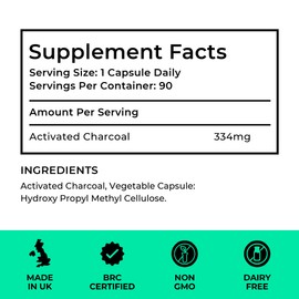 High Strength Activated Charcoal Capsules | 334mg Per Capsule (not Tablets) | 3 Month Supply | for Bloating Relief, Gas, Digestion, Flatulence, Detox | 100% Coconut Charcoal