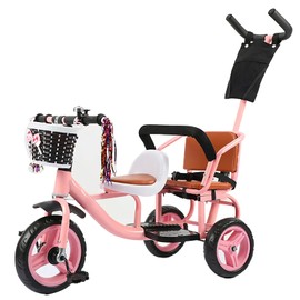 JIYIAN Kids Trike Bike Stroller- Double Tricycle Easy for Toddler with Removable Push Handle,Safety Harness,High Carbon Steeltrike Frame,Boys and Girls Ages Year Old,Pink