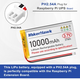 MakerHawk 3.7V LiPo Battery 10000mAh 1163115 Rechargeable 1S Polymer Battery with Protection Board Insulated Rubber Tape, JST 2.54 Connector for Raspberry Pi Arduino ESP32 Development Board (2 Pack)