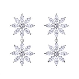 KristLand - S925 Sterling Silver Ear Pin Women Earrings Flower Drop With 5A Cubic Zirconia Jewelry/Wedding Gift for Ladies Girls Mum Wife Girlfriends, Sterling Silver