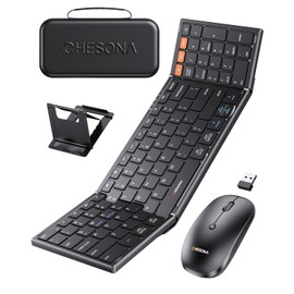 Chesona Foldable Keyboard and Mouse Combo - Ultra Slim 600g with 2.4G+Dual Bluetooth Compact Wireless Folding Keyboard with Stand - Portable for Business/Travel with Case - Win/Mac/iOS/Android - Black