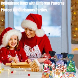 Pack of 100 Christmas Cookie Bags, Cellophane Bags, Clear, Christmas Candy Bags, with 150 Twist Ties (C)