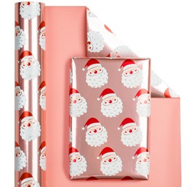 WRAPAHOLIC Reversible Christmas Wrapping Paper - Mini Roll - 17 Inch X 33 Feet - Santa Claus and Solid Rose Cold Design with Metallic Foil Shine for Chrsitmas, Holiday, Party Celebration