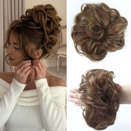 Unipearl 100% Echthaar Unordentlicher Haarteil Dutt für Frauen Scrunchies Hochsteckfrisuren Haarverlängerung für Damen Mädchen（#6 Hellbraun）