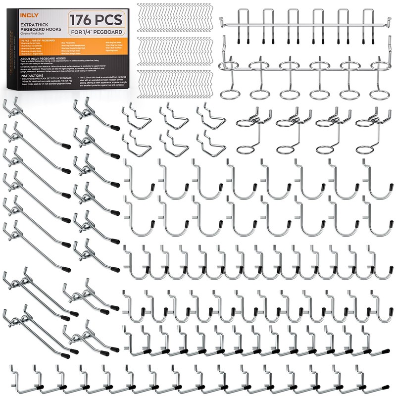 INCLY 176PCS Extra Thick Pegboard Hooks, 1/4" Heavy Duty Metal