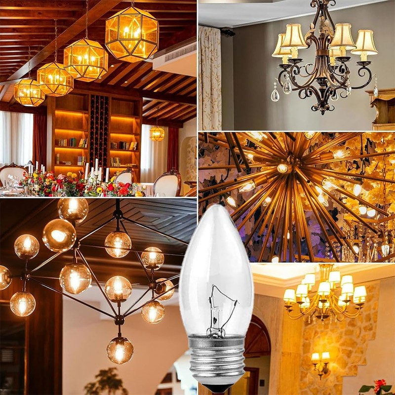 40W Incandescent Chandelier Bulbs - Crystal Clear, Torpedo Tip, Medium