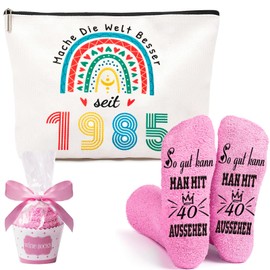 UEOTO 40 Geburtstag Frauen Geschenke, Geschenk zum 40. Geburtstag Frau Inklusive Kosmetiktasche und Socken, Lustige Geschenke für Frauen ab 40, 1985 Geburtstag Frau Geschenkideen