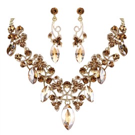 Clearine Women's Bohemian / Boho Crystal Flower Vine Leaf Statement Necklace, Dangle Earrings, Jewellery Set, Alloy