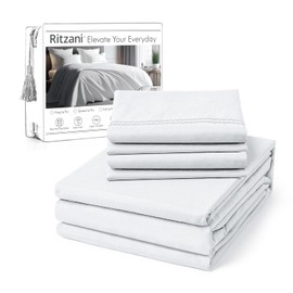 RITZANI Queen Sheet Set Deep Pocket- 6 Piece Ultra Soft Machine Washable Luxury Bed Sheet Set - Shrinkage & Fade Resistant Embroidered Bedding Sheet (Queen, White)