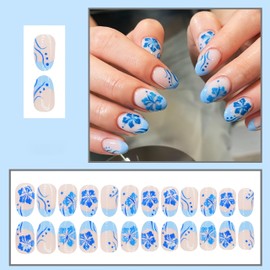 Blue Press on Nails Almond Short Fake Nails Spring Summer Hibiscus Acrylic Nails Elegance Blue Floral Glue on Nails Artificial Glossy Reusable Full Cover Stick on Nails for Women French Nails 24Pcs