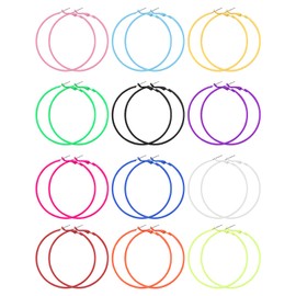 12 Pairs of Neon Hoop Earrings for Women Vintage Large Bright Hoop Earrings Lightweight 80s Classic Large Earrings Neon Hoop Earrings for 80s Outfit Women's Party Vintage Costume Party, Metal, No