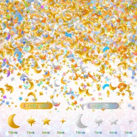 60 G/ 2.1 oz Holographic Star and Moon Glitter Confetti Sequin Galaxy Iridescent Table Metallic Glitter Foil Confetti Sequin Star Moon Scatter for Wedding Festival Party DIY(10 mm, 6 mm,Gold, Silver)