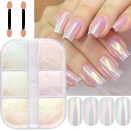 6 Grids Chrome Nail Powder Metallic Mirror Effect Pigment Aurora Nail Glitter Holographic Iridescent Dipping Rub Powder Manicure Design Pearl Shell Gel Polish Dust Sparkly Nail Charms