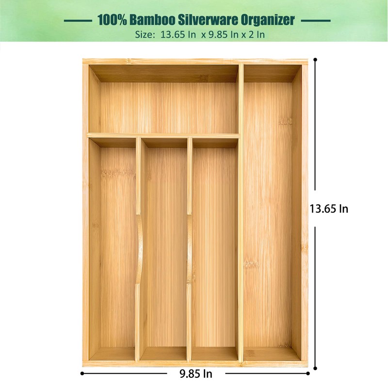 guiogc Bamboo Silverware Drawer Organizer, Silverware Organizer, Silverware Utensil Tray