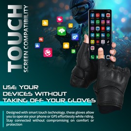 aaasportx Fingerless Perforated Motorcycle Gloves Men's Leather Motorbike Gloves Touchscreen Function - Protectors Motorcycle Gloves with Non-Slip Pads (Half Finger Perforated, X-Large)