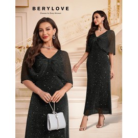 BeryLove Women Sequin Formal Party Dress Sparkly Cocktail Evening Prom Gown Wedding Guest Dresses with Shawl 0033 Black M