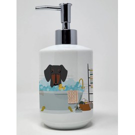 Caroline's Treasures WDK5829SOAP Black Tan Dachshund in Bathtub Ceramic Soap Dispenser Hand Soap Dispenser Pump Bottles for Bathroom Kitchen, Empty Refillable Liquid Soap Container