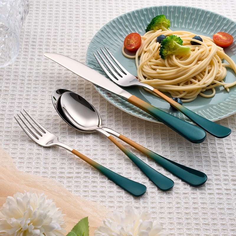 Lekoton 20 Piece Green and Orange 18/0 Flatware Utensil Set