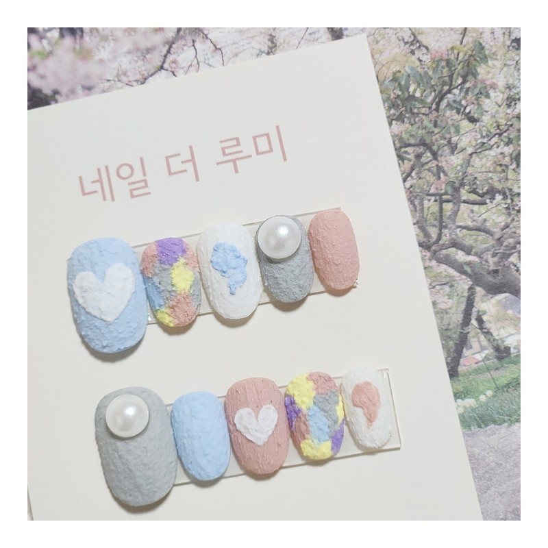  Heart pastel texture handmade nail tip - Long ballerina