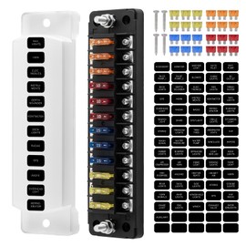 12 Way Marine Fuse Block, 12V/24V Fuse Box With LED Indicator Waterproof Cover, Standard Circuit Panel With Negative Bus for Automotive Car Truck Boat RV Trailer