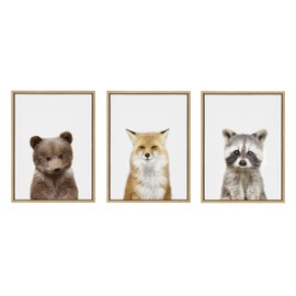 Kate and Laurel Sylvie Studio Bear, Fox, and Raccoon Framed Canvas Wall Art by Amy Peterson Art Studio, 3 Piece 18x24 Natural, Adorable Animal Wall Décor