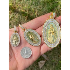 HarlemBling 14k Gold Plated 925 Silver Virgin Mary Necklace Pendant Iced Simulated Diamond - Medium