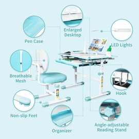 Kids Desk and Chair Set, Height-Adjustable Chair and Desk for Kids, Kid Desk with 3 Modes and 3 Brightness Led Lamps, Childrens Desk with 60° Tilting Tabletop and Extra-Large Storage Drawer (Blue)