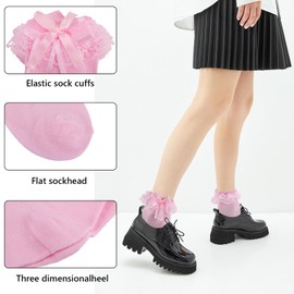 MKYSZLT Women Pink Ruffle Socks,Adult Frilly Ankle High Bow Socks with Lace Ruffles,Cute Lolita Dress Princess Bobby Sock (US, Alpha, One Size, Regular, Regular, Pink - 1 pair)