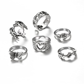 Sttiafay Vintage Skull Butterfly Knuckle Rings Punk Silver Chain Joint Rings Stackable 6 Pcs Midi Finger Ring Set Jewelry for Women and Men