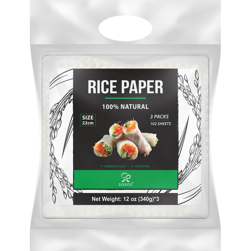 Soeos Rice Paper, White Rice Paper Wrappers, 3 Pack, 102