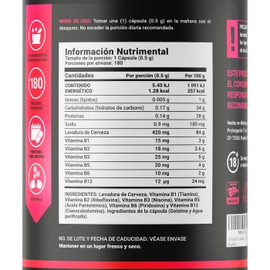 Complejo B con 180 Cápsulas. Ingredientes naturales: Levadura Nutricional, Levadura de Cerveza de Vit. B1, B2, B5, B6 y B12. B Yeast Blend. B Life.