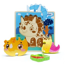 Wooden Jigsaw Puzzles for Toddlers, Dinosaur Animals Puzzles for Girls Boys 2 3 Year Old, Montessori Wooden Toys for Kids Gifts, Educational Toys Gifts（Triceratops）