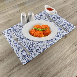 Ambesonne Indigo Place Mats Set of 8, Modern Minimalist Spring Time Flowers Swirls Leaves Image, Washable Fabric Placemats for Dining Table, Placemat 8 pcs, Pale Blue Navy Blue