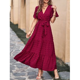 MASCOMODA Womens Boho Swiss Dot Maxi Dresses Wrap V Neck Flutter Short Sleeve Solid Tie Belt A Line Tiered Flowy Long Dress(Wine Red,Small)
