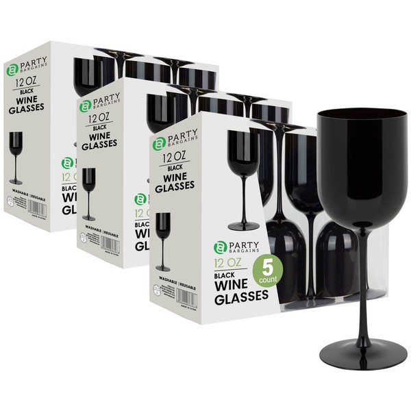 PARTY BARGAINS 15 Wine Goblets - Black (12oz) - Disposable Shatterproof Elegant Design Plastic Wine Glasses. For Pool Parties, Outdoors Receptions, Weddings