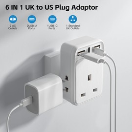 UK to US Plug Adapter 2 Pack, AODENG USA Travel Adapter with 2 Shaver Adapter, 1 UK 3-Pin Plug and 1 Type C Port & 2 USB Ports(Total: 5V/3.4A) American Plug Adapter for Canada, Mexico(Type B)