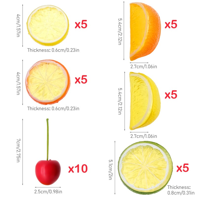 35pcs Artificial Lemon Slices Blocks Red Cherries, Fake Fruit Simulation