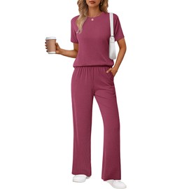Ekouaer Lounge Set for Women 2 Piece Sets Outfits Top and Long Pants Ribbed Textured Knit Matching Pajamas with Pockets