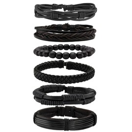 MILAKOO MILAKOO 6 Pcs Black Braided Leather Bracelets for Men Women Cuff Wrap Wristbands