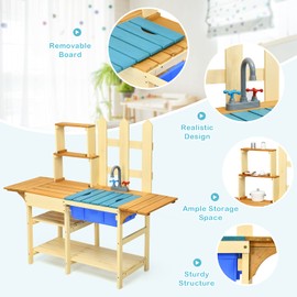 Costzon Wooden Kids Kitchen Playset, Indoor Outdoor Pretend Mud Kitchen Set for Toddler, Play Kitchen Toy w/Simulated Faucet, Shelves, Removable Board, Toy Kitchen Set for Girls & Boys Age 3+