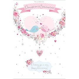 Greetings Daughter & Son-in-Law Anniversary Card - Love Birds Pink Heart Silver Foil 9x6