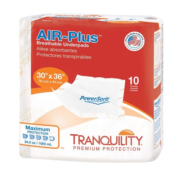 Tranquility AIR-Plus Breathable Underpads, 30"x36" 40ct Case, Incontinence Pads with Ultimate Air Circulation, PowerSorb Design to Lock-in Fluids, Ideal for Low-Air-Loss Bed Systems, Maximum Absorbency
