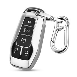 QBUC for Ford Key fob Cover,TPU 360 Degree Car Key Case Protector with Keychain Compatible with Ford Fusion F-150 Edge Explorer Mustang Lincoln MKZ MKC 2/3/4/5 Buttons Smart Key(Silver), A-silver, universal