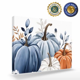 Fall Canvas Wall Art - Thanksgiving Blue Leaves Pumpkin White Background - Modern Wall Decor Gallery Canvas Wraps Giclee Print Stretched and Framed Ready to Hang - 12" x 16"