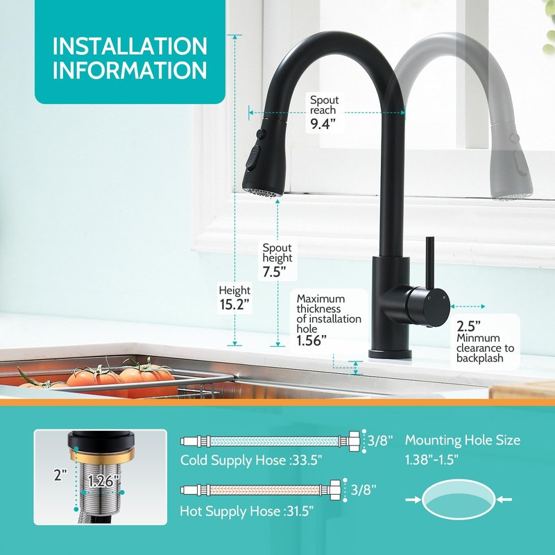 Kicimpro Matte Black Kitchen Faucet with Pull Down Sprayer, 304