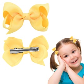 2Pcs Ribbon Hair Bow Clips Barrettes, 3 inch Ponytail Holder Bow Hair Bow with Duckbill Clip for Children Kids Girls Women(yellow)