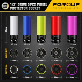 PGROUP 5PCS 1/2" Drive Wheel Protector Impact Socket, Metric(15 17 19 21 22 mm), Non-Marring Thin Wall Lug Nut Socket Set, 6 Point Color Coded for Trucks, SUVs, Cars, Chrome-Molybdenum Steel